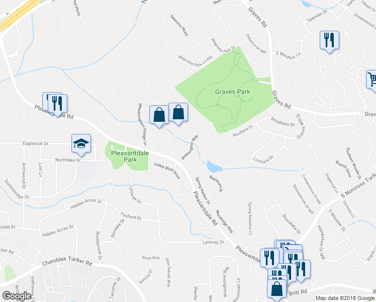 map of restaurants, bars, coffee shops, grocery stores, and more near 3468 Washington Way in Atlanta