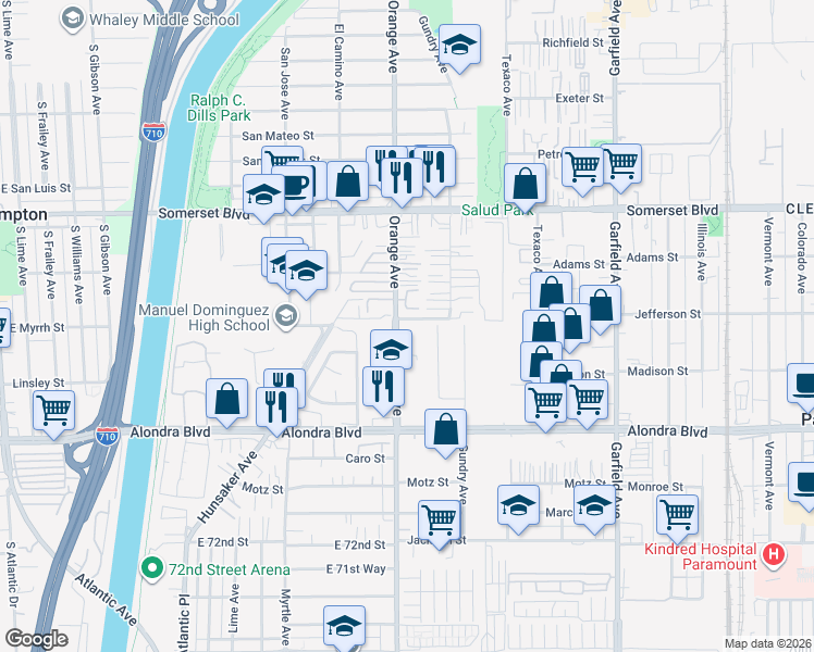 map of restaurants, bars, coffee shops, grocery stores, and more near 7010 Myrrh Street in Paramount