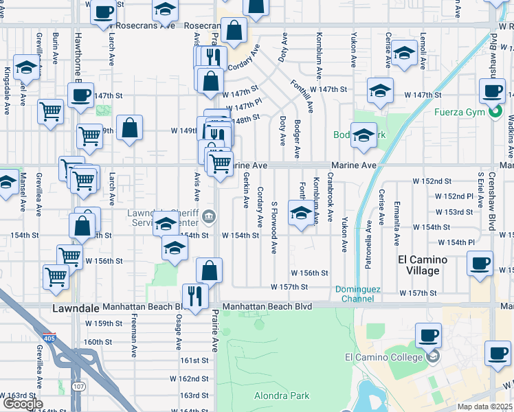 map of restaurants, bars, coffee shops, grocery stores, and more near 15229 Cordary Avenue in Lawndale