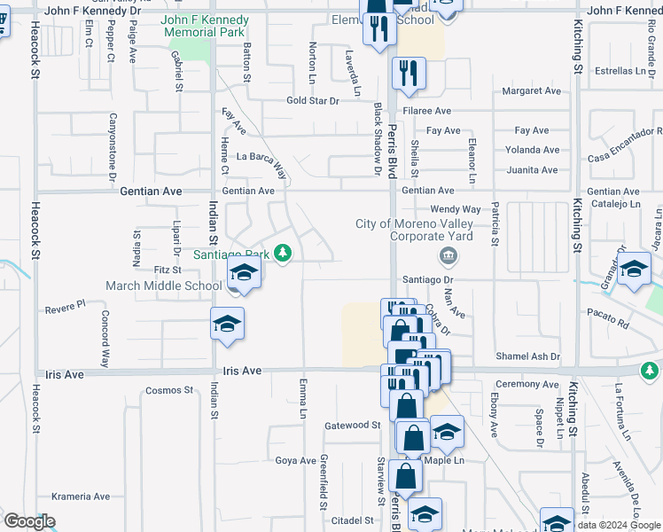 map of restaurants, bars, coffee shops, grocery stores, and more near 24871 Tiger Avenue in Moreno Valley