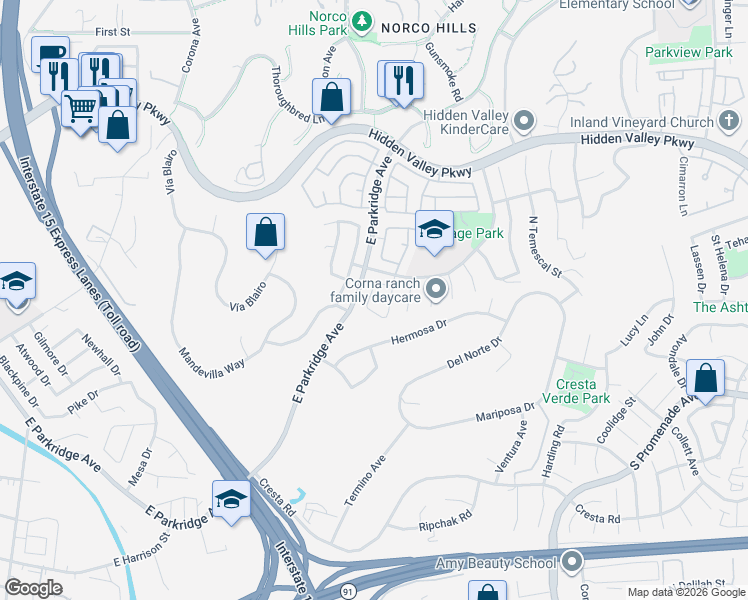 map of restaurants, bars, coffee shops, grocery stores, and more near 749 Shaffer Street in Corona