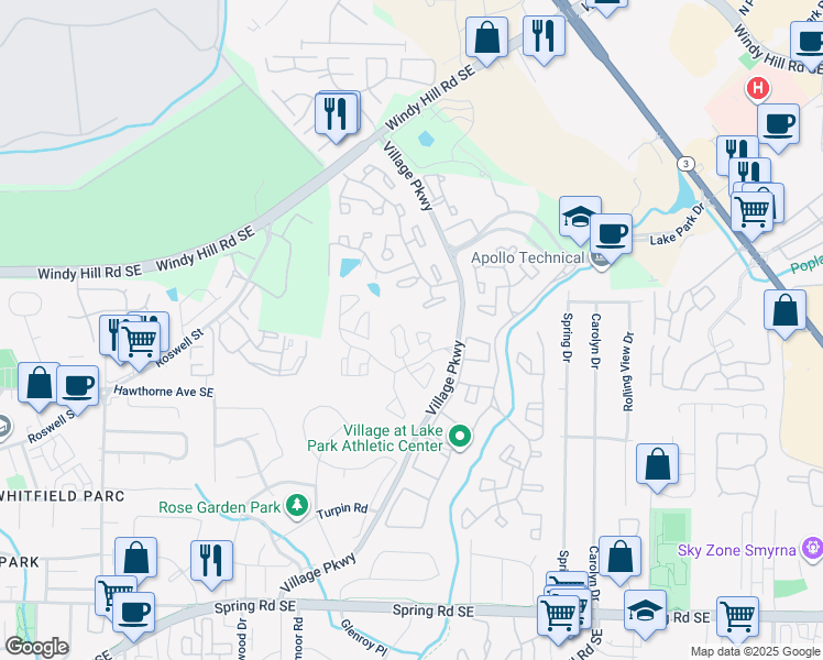 map of restaurants, bars, coffee shops, grocery stores, and more near 202 Woodlands Drive Southeast in Smyrna