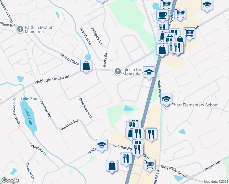 map of restaurants, bars, coffee shops, grocery stores, and more near 1376 Candlelite Lane in Snellville