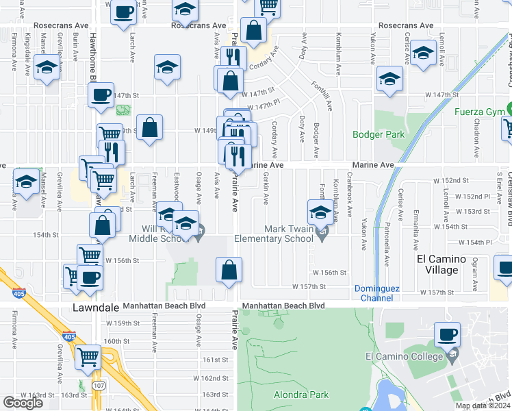 map of restaurants, bars, coffee shops, grocery stores, and more near 15252 Roselle Avenue in Lawndale