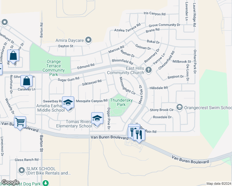 map of restaurants, bars, coffee shops, grocery stores, and more near 8761 Sandhill Drive in Riverside