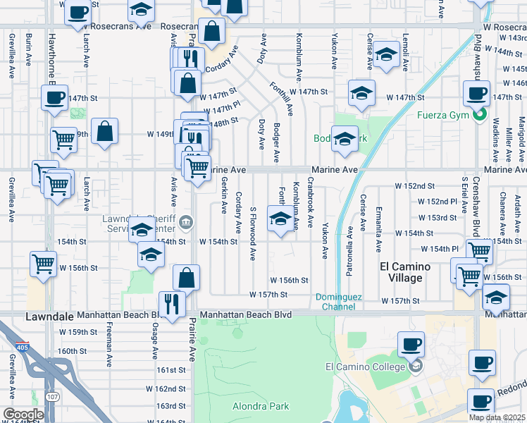 map of restaurants, bars, coffee shops, grocery stores, and more near 15229 Doty Avenue in Lawndale