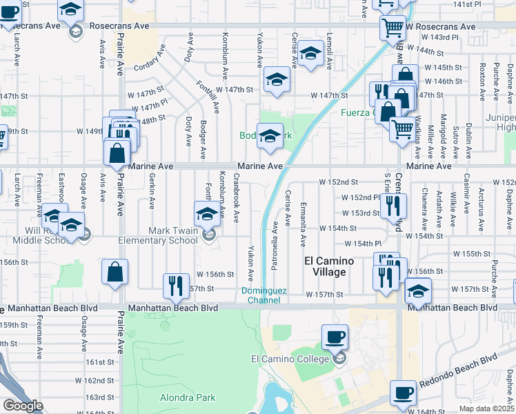 map of restaurants, bars, coffee shops, grocery stores, and more near 3611 West 153rd Street in Lawndale