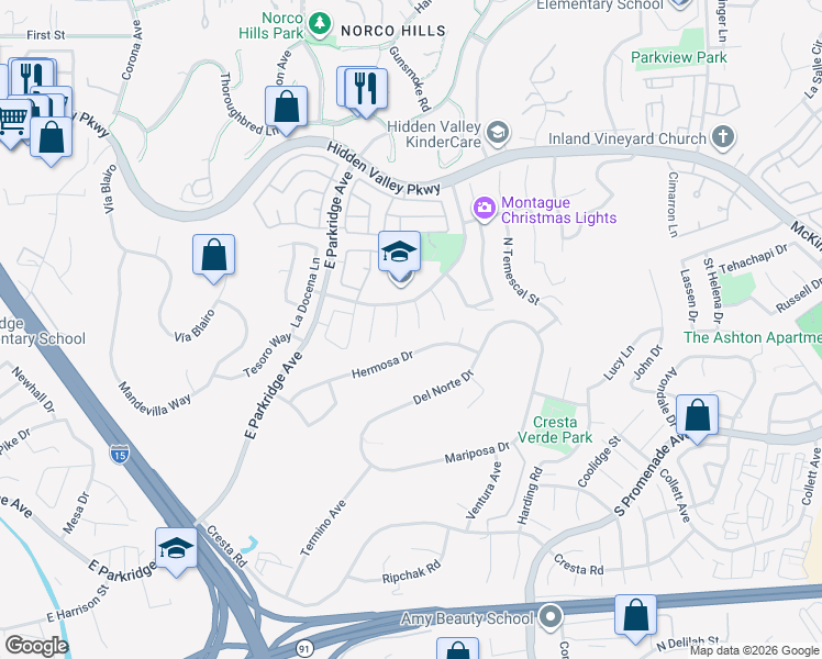 map of restaurants, bars, coffee shops, grocery stores, and more near 728 Bonanza Circle in Corona
