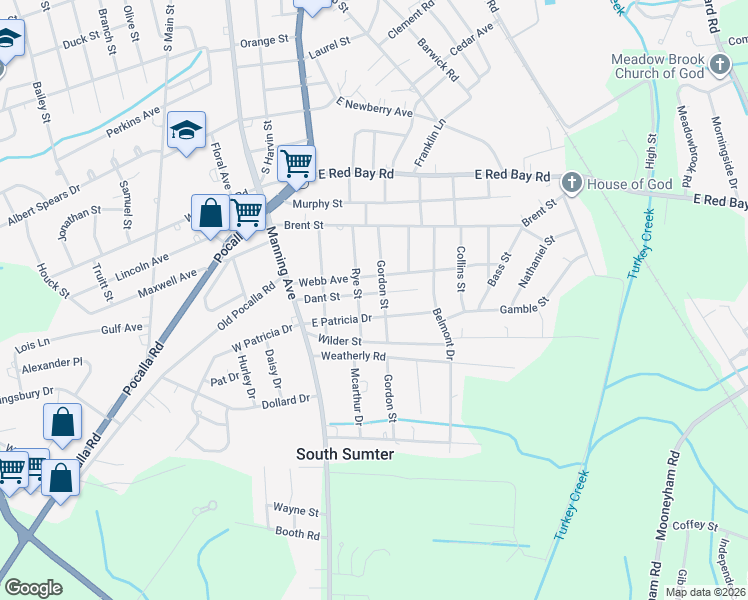 map of restaurants, bars, coffee shops, grocery stores, and more near 38 Dant Street in Sumter