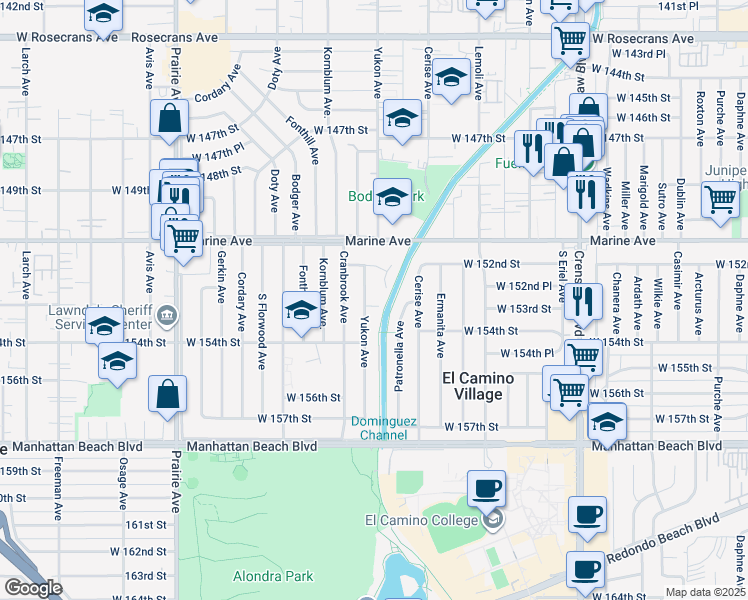 map of restaurants, bars, coffee shops, grocery stores, and more near 3611 West 153rd Street in Lawndale