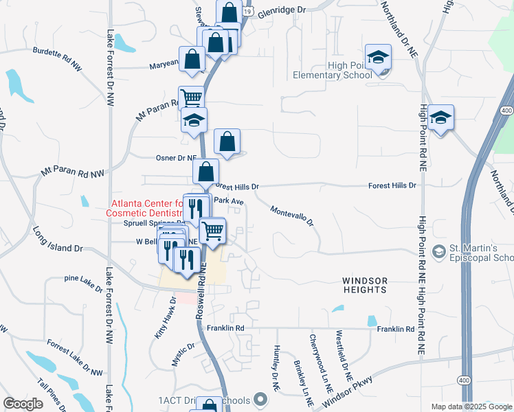 map of restaurants, bars, coffee shops, grocery stores, and more near 315 Montevallo Drive in Sandy Springs