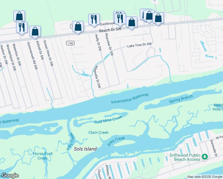map of restaurants, bars, coffee shops, grocery stores, and more near 6805 Roberta Road Southwest in Ocean Isle Beach