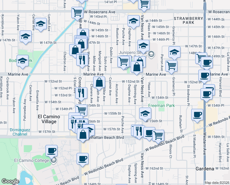 map of restaurants, bars, coffee shops, grocery stores, and more near 15243 Arcturus Ave in Gardena