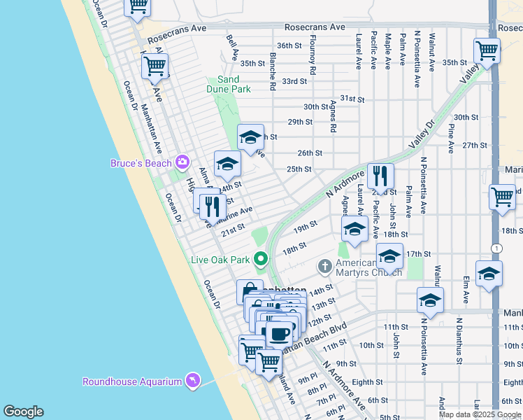 map of restaurants, bars, coffee shops, grocery stores, and more near 514 Marine Avenue in Manhattan Beach