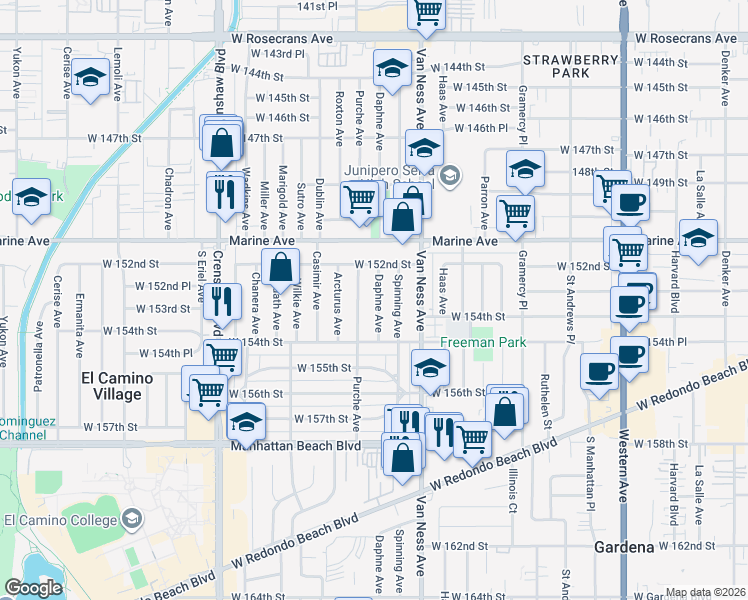 map of restaurants, bars, coffee shops, grocery stores, and more near 15243 Daphne Avenue in Gardena