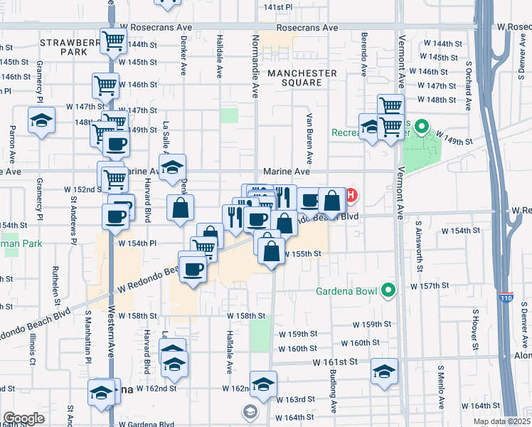 map of restaurants, bars, coffee shops, grocery stores, and more near 15312 Normandie Avenue in Gardena