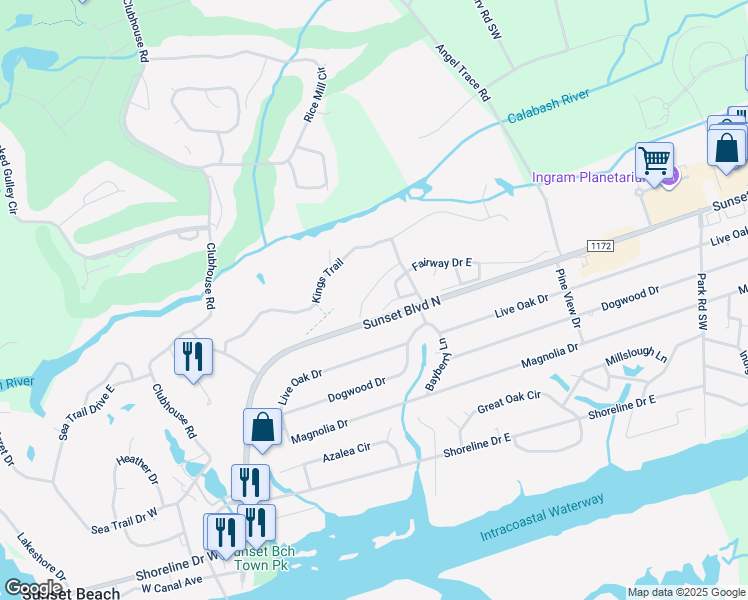 map of restaurants, bars, coffee shops, grocery stores, and more near 517 Fairway Drive West in Sunset Beach