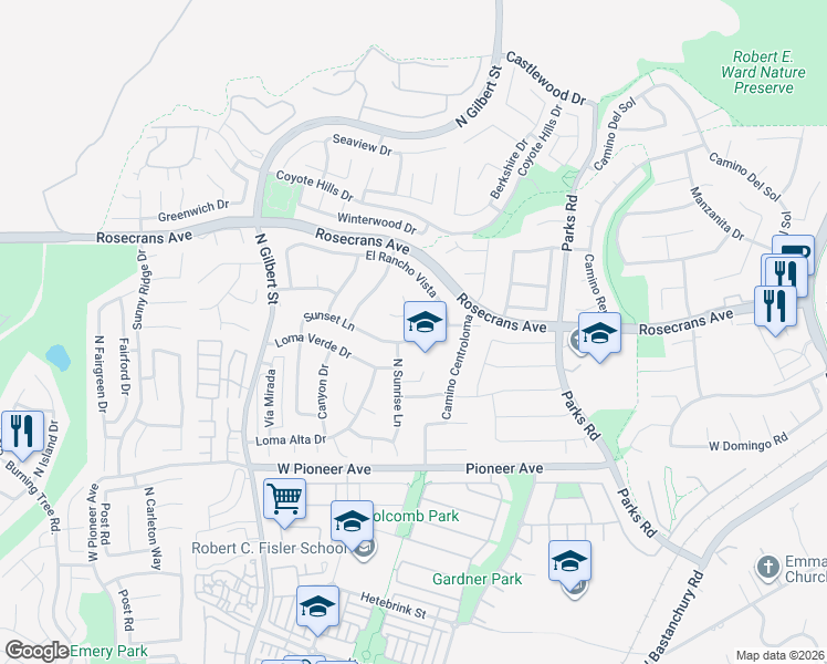 map of restaurants, bars, coffee shops, grocery stores, and more near 2017 Sunset Lane in Fullerton