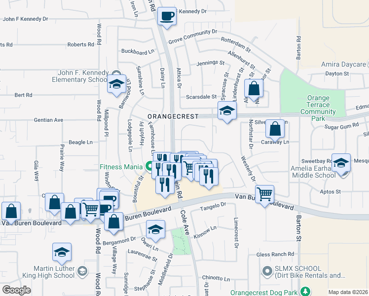 map of restaurants, bars, coffee shops, grocery stores, and more near 8728 Maroon Peak Way in Riverside