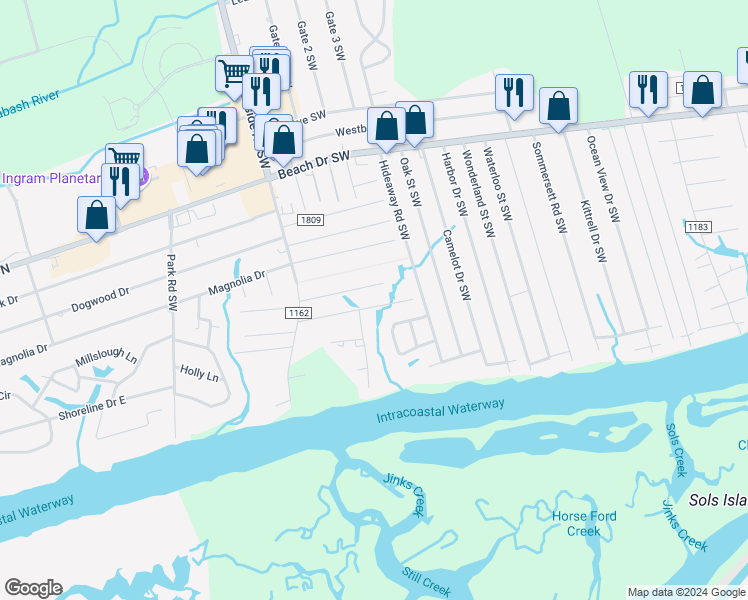 map of restaurants, bars, coffee shops, grocery stores, and more near 7253 Nursery Road Southwest in Ocean Isle Beach