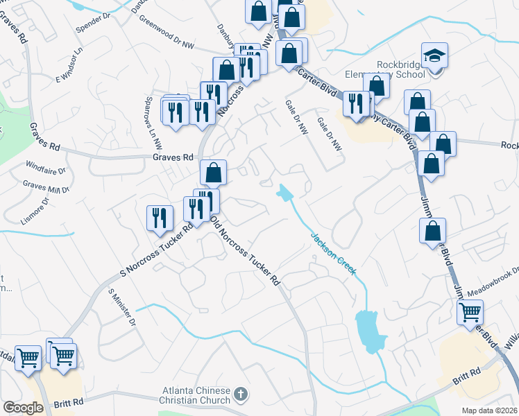 map of restaurants, bars, coffee shops, grocery stores, and more near 713 Gwinnett Station Circle in Tucker