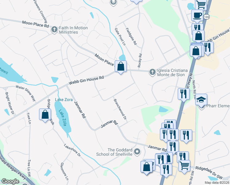 map of restaurants, bars, coffee shops, grocery stores, and more near 1366 Raintree Drive Southwest in Snellville