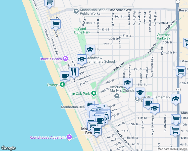 map of restaurants, bars, coffee shops, grocery stores, and more near 514 Marine Avenue in Manhattan Beach