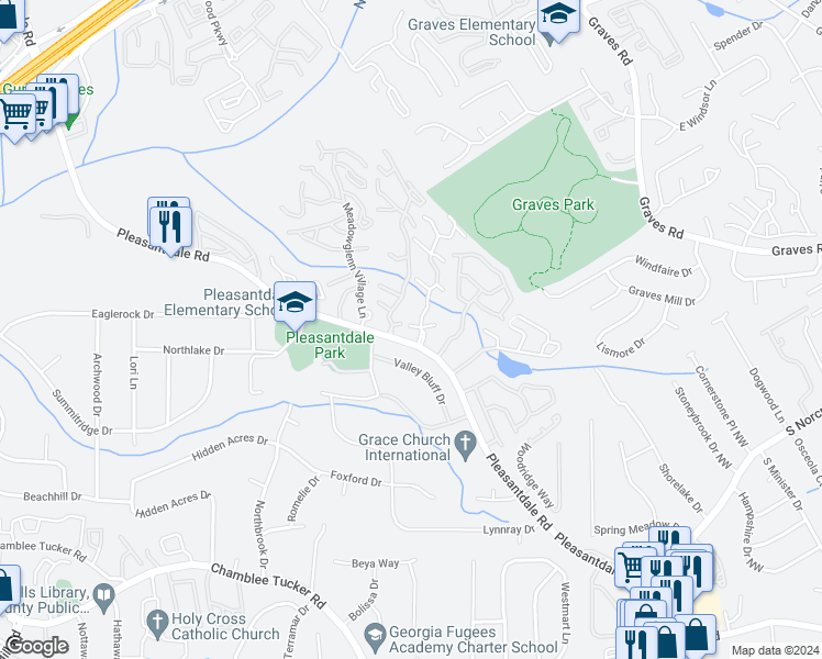 map of restaurants, bars, coffee shops, grocery stores, and more near 3470 Meadow Village Lane in Atlanta