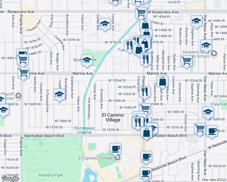 map of restaurants, bars, coffee shops, grocery stores, and more near 15245 Lemoli Avenue in Gardena