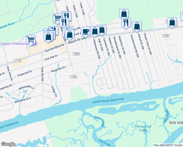 map of restaurants, bars, coffee shops, grocery stores, and more near 7253 Nursery Road Southwest in Ocean Isle Beach