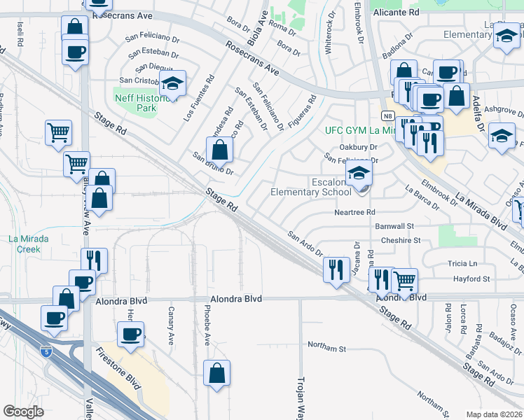 map of restaurants, bars, coffee shops, grocery stores, and more near 15256 Crosswood Road in La Mirada