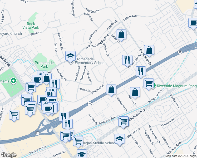 map of restaurants, bars, coffee shops, grocery stores, and more near 429 Bristol Way in Corona
