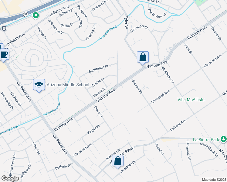 map of restaurants, bars, coffee shops, grocery stores, and more near 10620 Victoria Avenue in Riverside