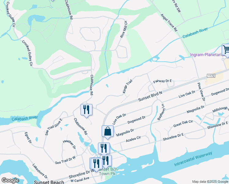map of restaurants, bars, coffee shops, grocery stores, and more near 233 Kings Trail in Sunset Beach
