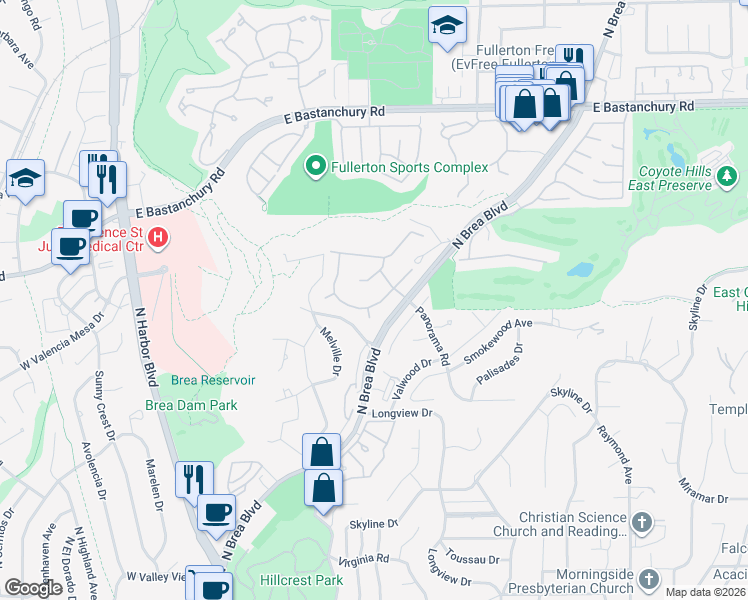 map of restaurants, bars, coffee shops, grocery stores, and more near 1955 Lexington Drive in Fullerton