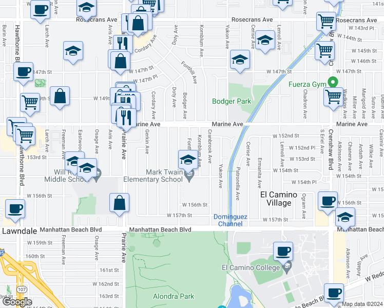 map of restaurants, bars, coffee shops, grocery stores, and more near 15226 Fonthill Avenue in Lawndale