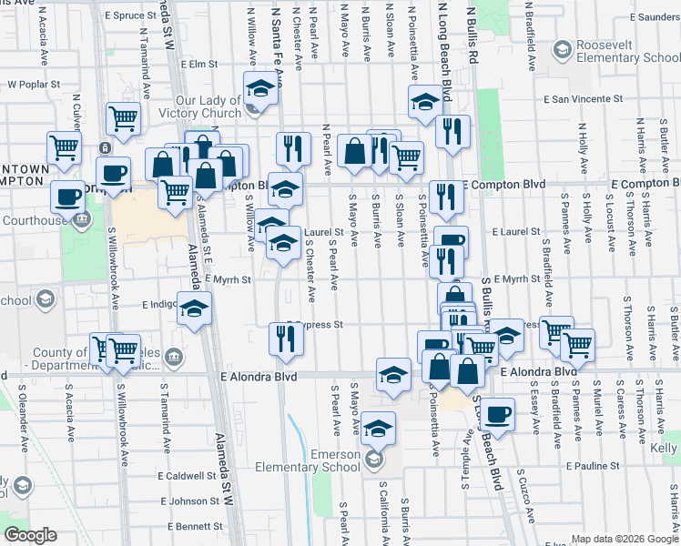 map of restaurants, bars, coffee shops, grocery stores, and more near 420 South Pearl Avenue in Compton
