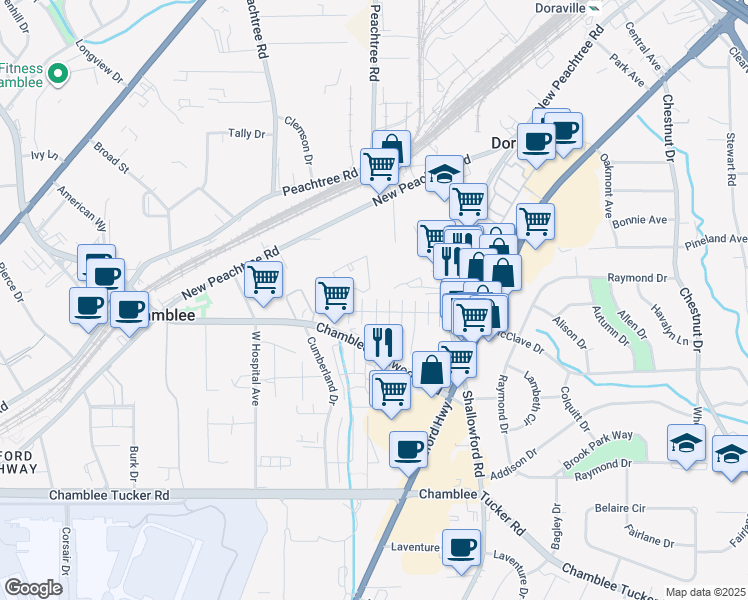 map of restaurants, bars, coffee shops, grocery stores, and more near 80 Pearl Lane in Chamblee