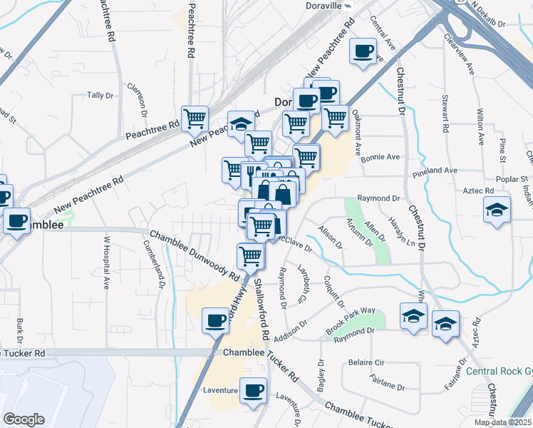 map of restaurants, bars, coffee shops, grocery stores, and more near 5150 Buford Highway Northeast in Doraville