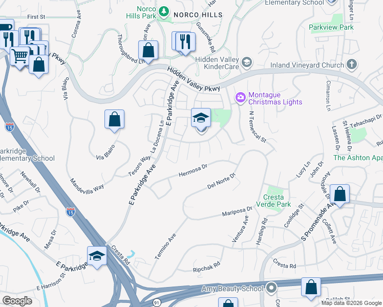 map of restaurants, bars, coffee shops, grocery stores, and more near 751 Pescadero Circle in Corona