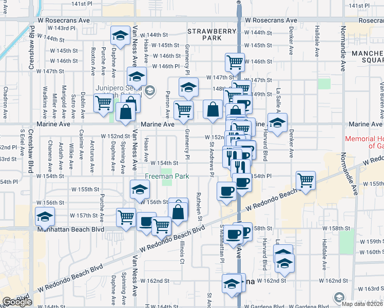 map of restaurants, bars, coffee shops, grocery stores, and more near 1952 West 153rd Street in Gardena