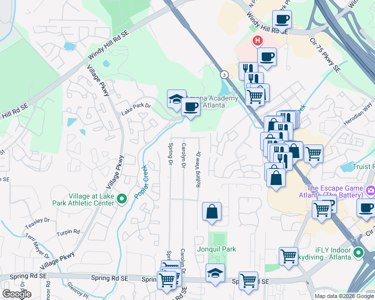 map of restaurants, bars, coffee shops, grocery stores, and more near 2459 Carolyn Drive in Smyrna
