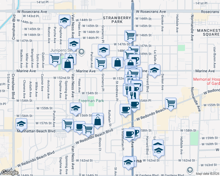 map of restaurants, bars, coffee shops, grocery stores, and more near 1930 West 153rd Street in Gardena