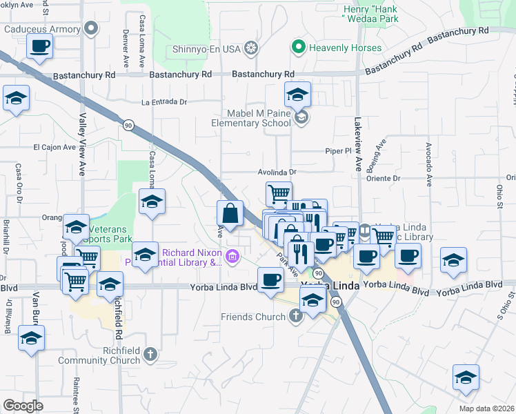 map of restaurants, bars, coffee shops, grocery stores, and more near 18152 Mandarin Lane in Yorba Linda