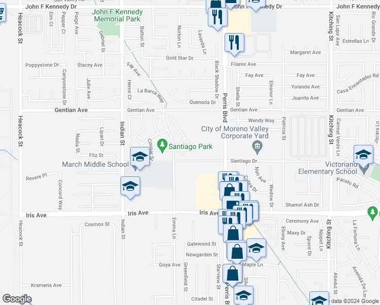 map of restaurants, bars, coffee shops, grocery stores, and more near 24871 Tiger Avenue in Moreno Valley