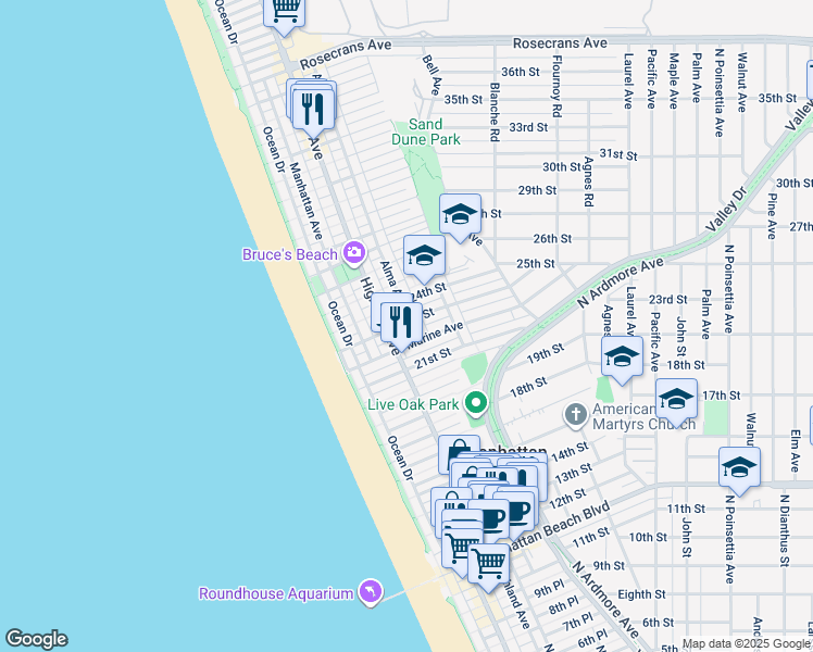 map of restaurants, bars, coffee shops, grocery stores, and more near 324 23rd Street in Manhattan Beach