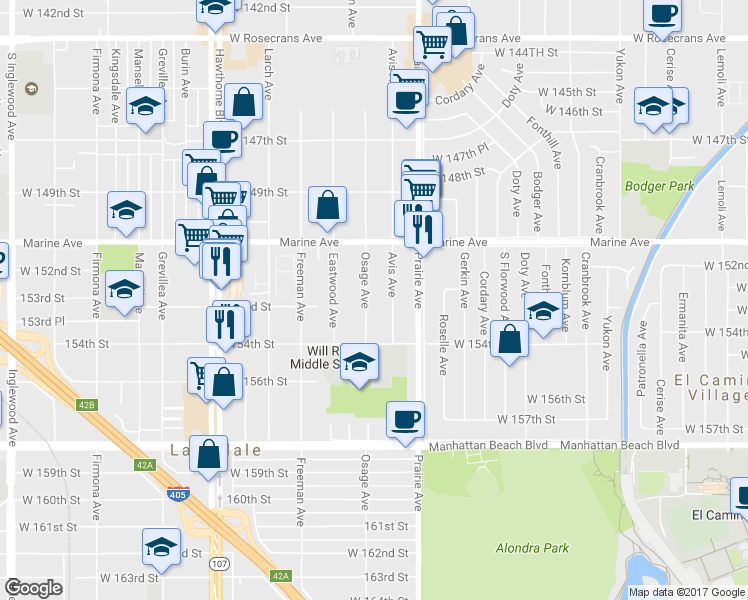 map of restaurants, bars, coffee shops, grocery stores, and more near 15236 Osage Avenue in Lawndale