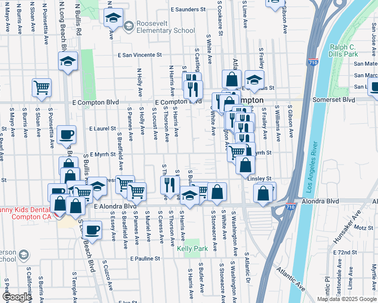 map of restaurants, bars, coffee shops, grocery stores, and more near 2327 East Myrrh Street in Compton