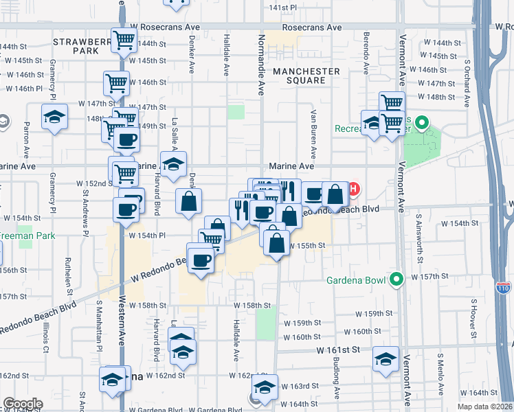 map of restaurants, bars, coffee shops, grocery stores, and more near 15305 Normandie Avenue in Gardena