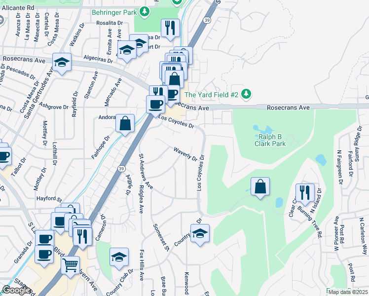 map of restaurants, bars, coffee shops, grocery stores, and more near 8491 Waverly Drive in Buena Park